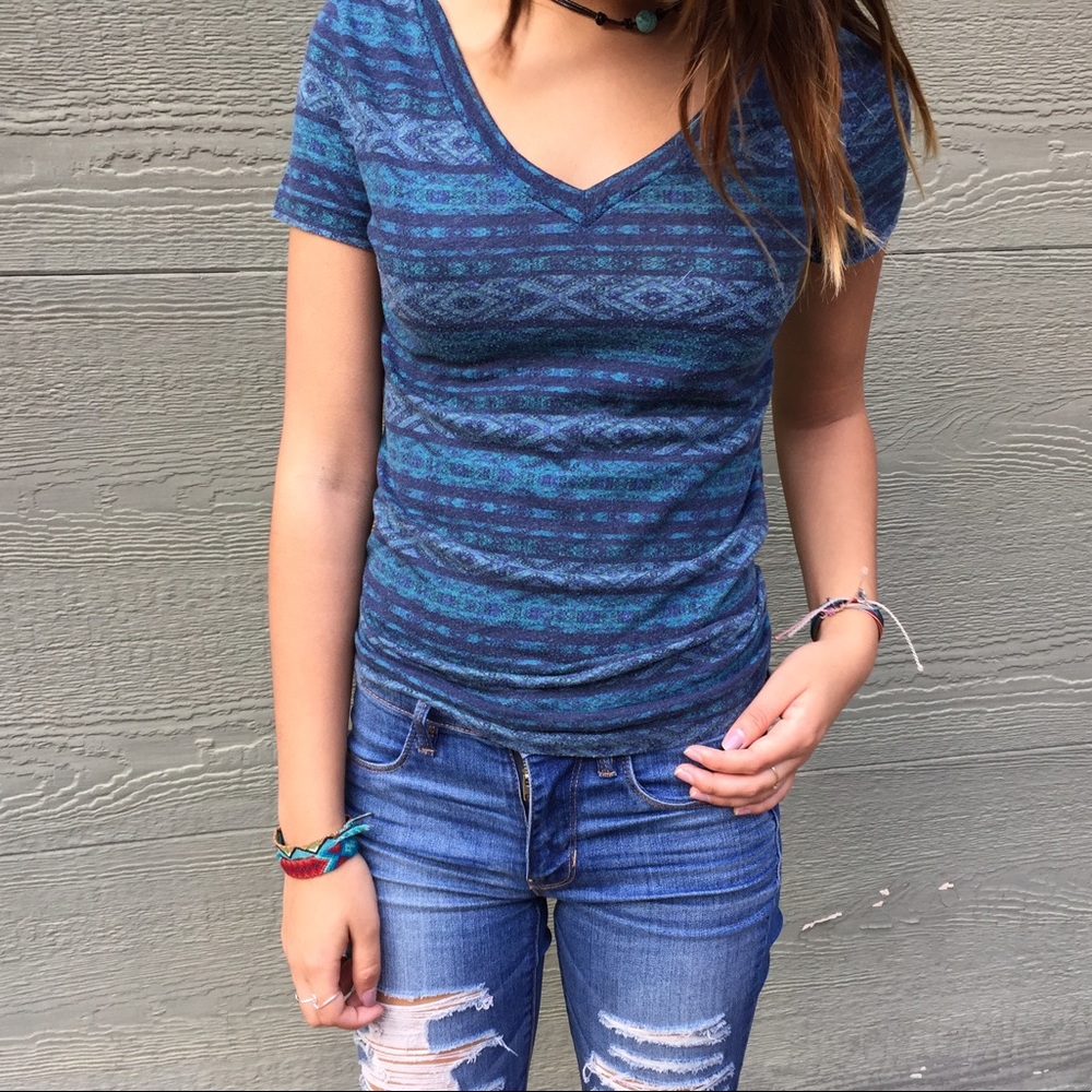 Aztec tribal boho soft blue v neck tee