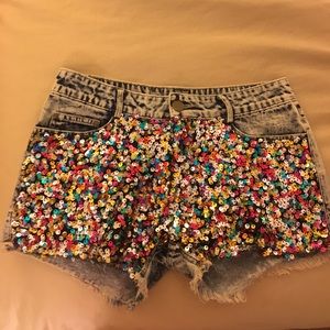Brand new rainbow bling sequin jean shorts
