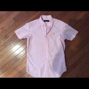 Pink and white striped polo shirt