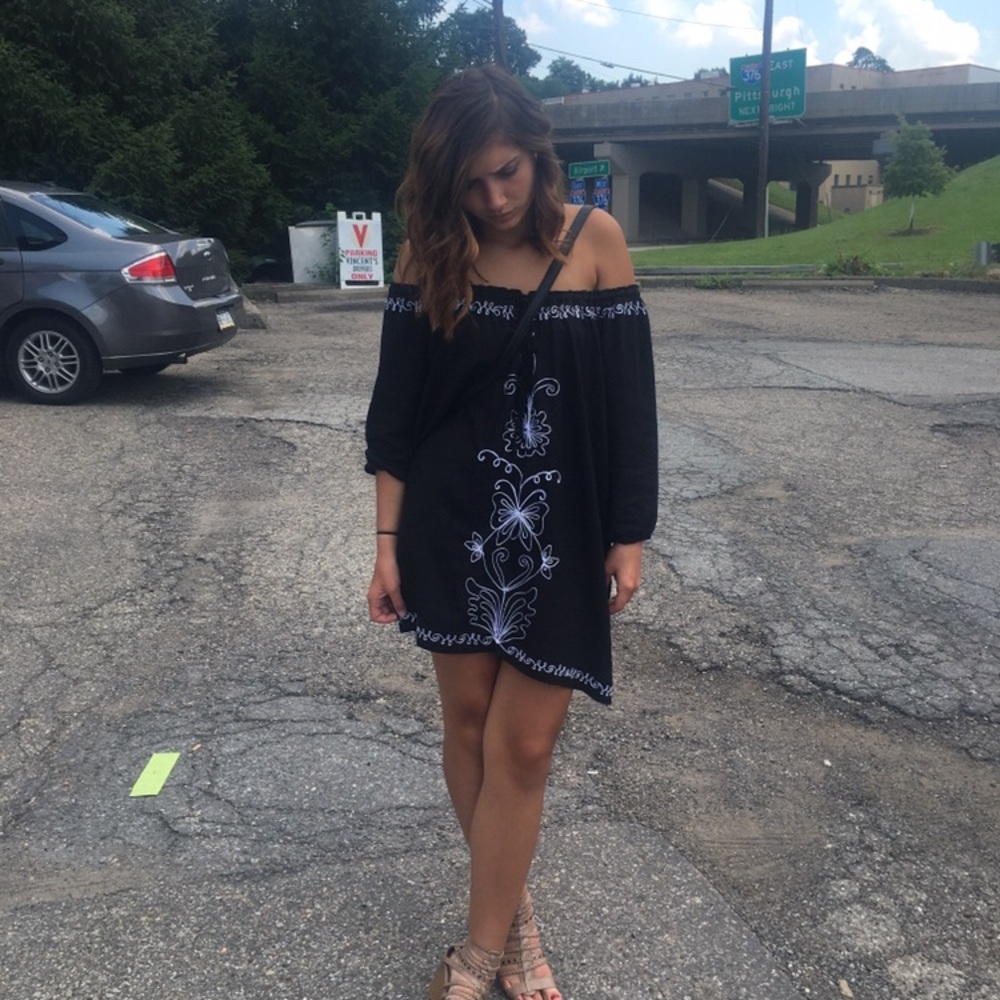 Black with white embroidered off the shoulder