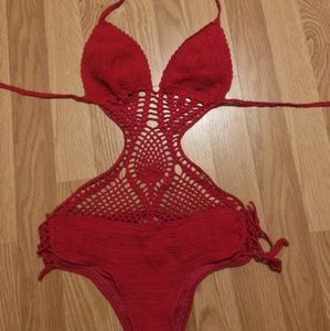 Red open back one piece swimsuit