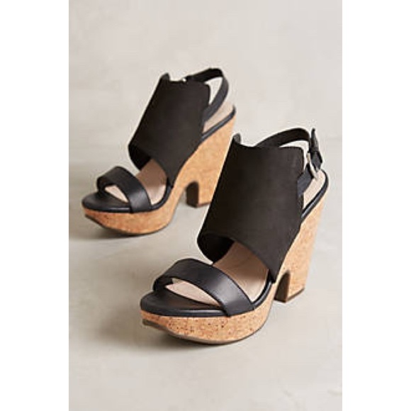 Black Slingback Open Toe Leather Cork Wedge Sandal - Picture 2 of 4