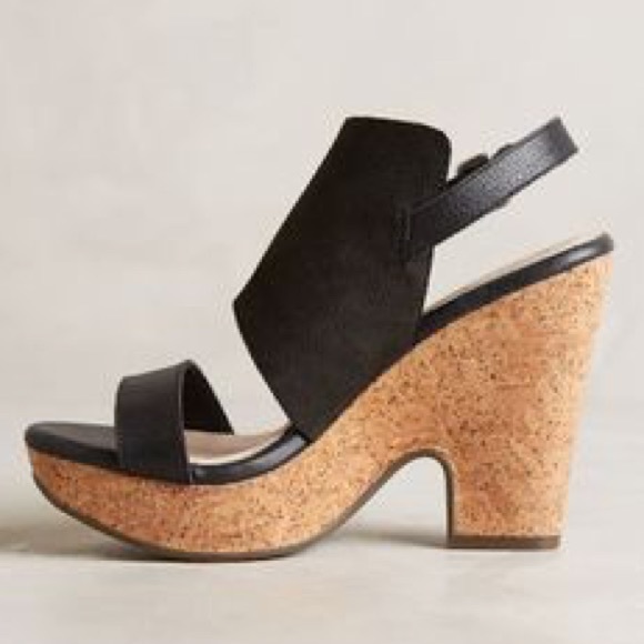 Black Slingback Open Toe Leather Cork Wedge Sandal - Picture 3 of 4