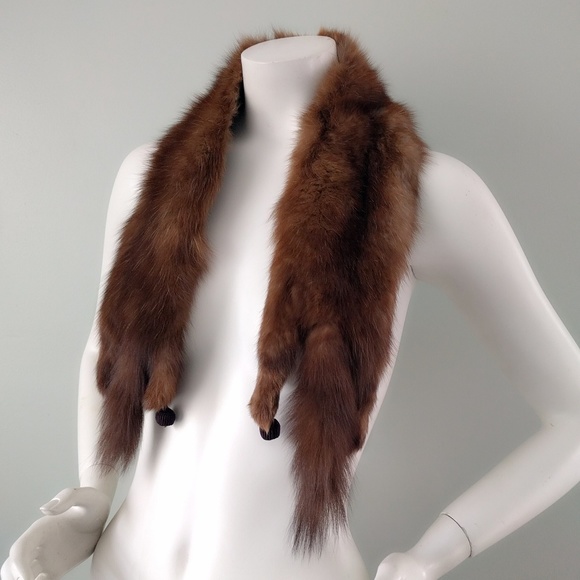 Vintage 50s Real Brown Soft Marten Fur Tail Scarf Shawl Collar Sable Family - Picture 2 of 5