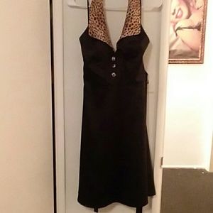 Satin dress with leopard trim and buttons,