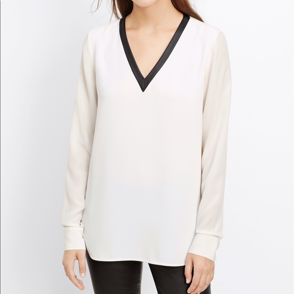 NWOT Silk VINCE Blouse with Leather Trim Detail