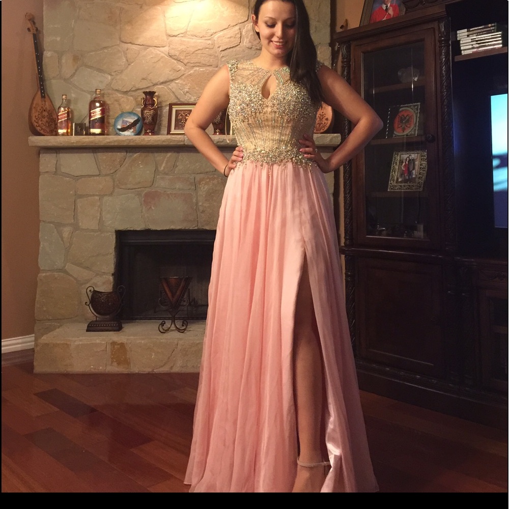 Pink cap sleeve a-line prom dress