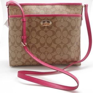 Coach Signature File Crossbody Bag Khaki/Pink Ruby