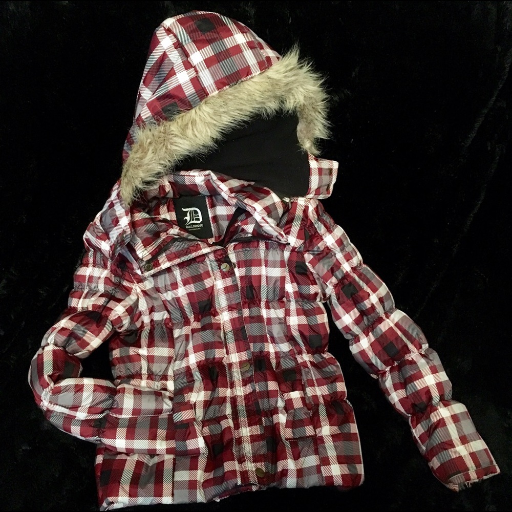 Nice Red, Black, Gray, & White Coat w/ Hood