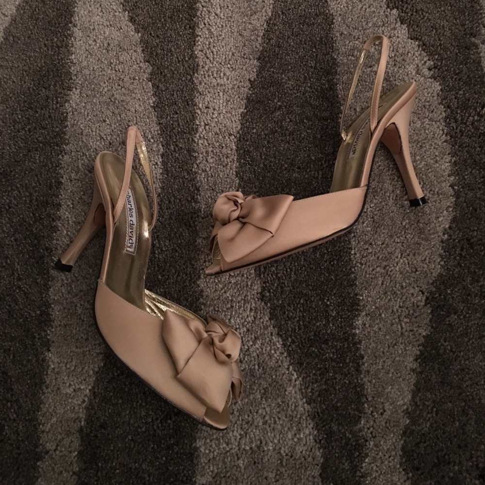 Charles David Taupe Satin Bow Peep-toe Slingbacks