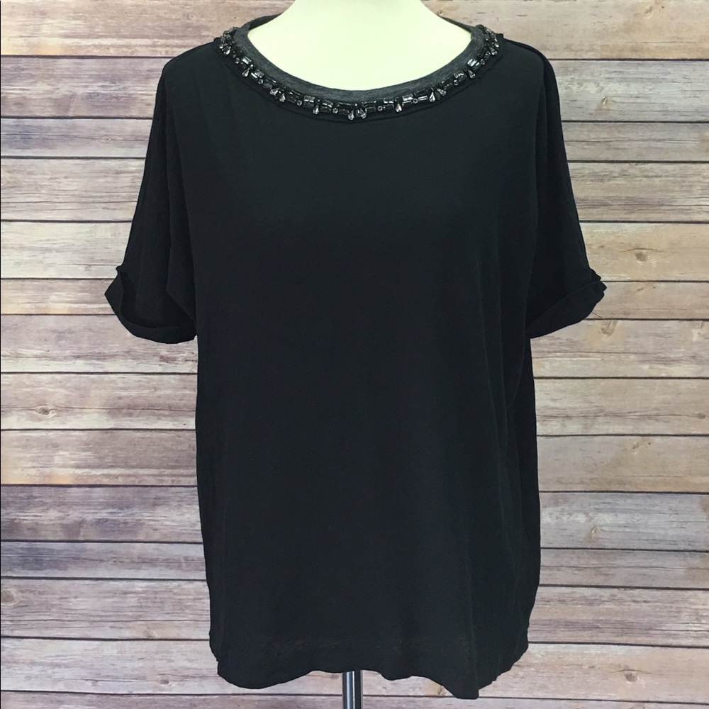 J. Crew Black Detailed Gray collar Top Size Medium