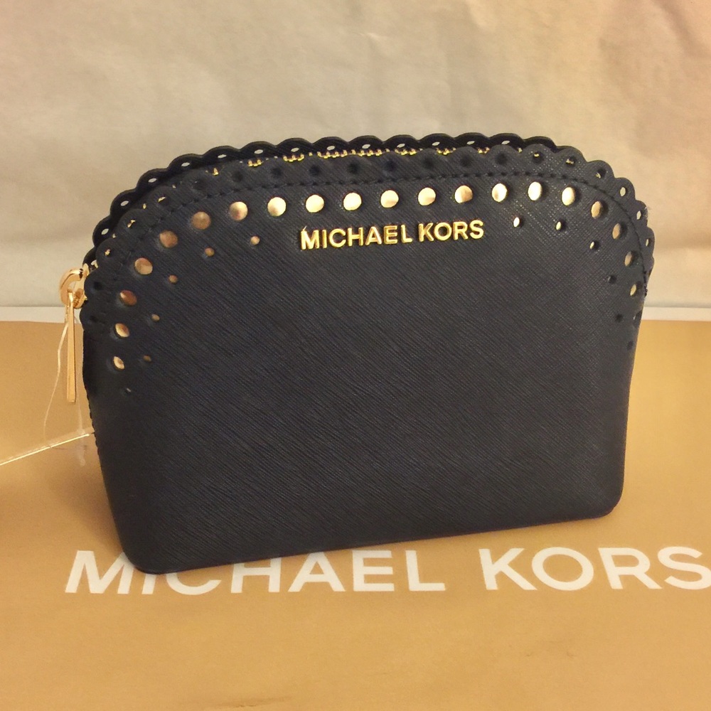 NWT Michael Kors Cindy Leather Travel Pouch Navy