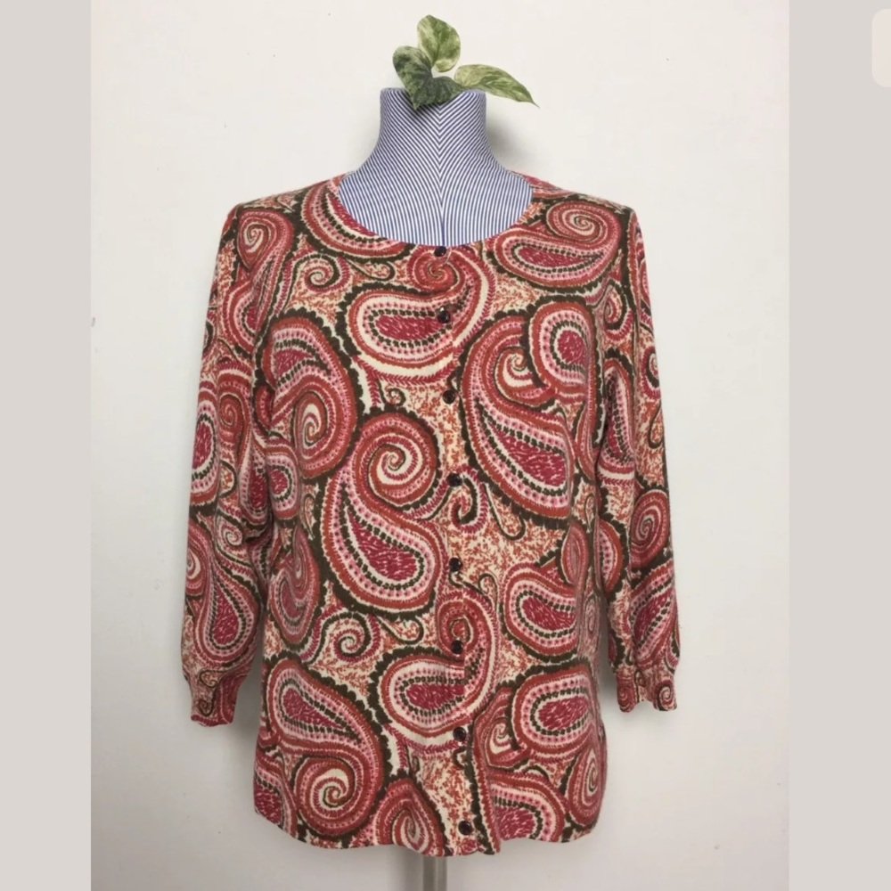 TALBOTS PURE MERINO WOOL PAISLEY CARDIGAN SWEATER