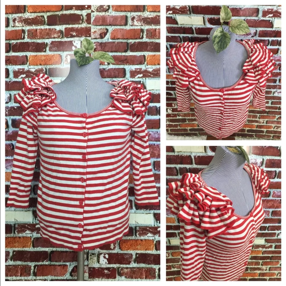 H&M RED STRIPED RUFFLE SHOULDER SWEATER **CUTE**