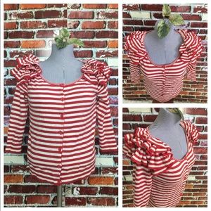 H&M RED STRIPED RUFFLE SHOULDER SWEATER **CUTE**