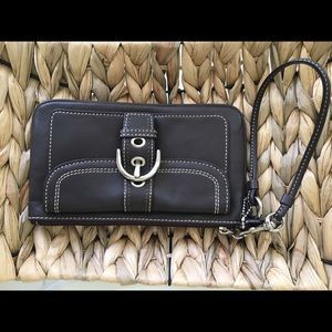 Brown Leather Coach Wristlet with Front Pocket