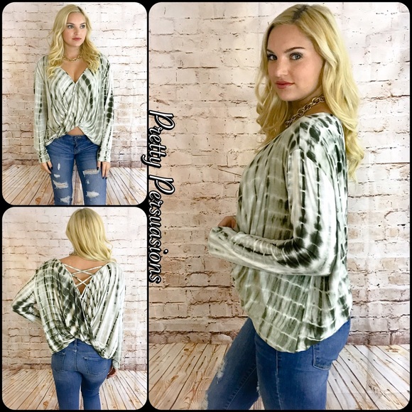 ❤️ SEE NEW LISTING ❤️ Olive Tie Dyed Surplice Front Jersey Top - Picture 2 of 4