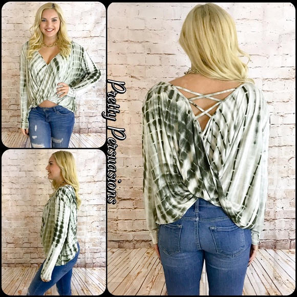❤️ SEE NEW LISTING ❤️ Olive Tie Dyed Surplice Front Jersey Top - Picture 3 of 4