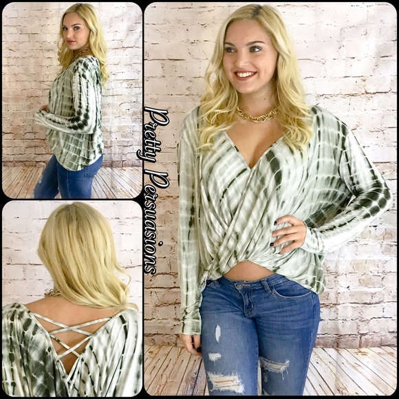 ❤️ SEE NEW LISTING ❤️ Olive Tie Dyed Surplice Front Jersey Top - Picture 4 of 4