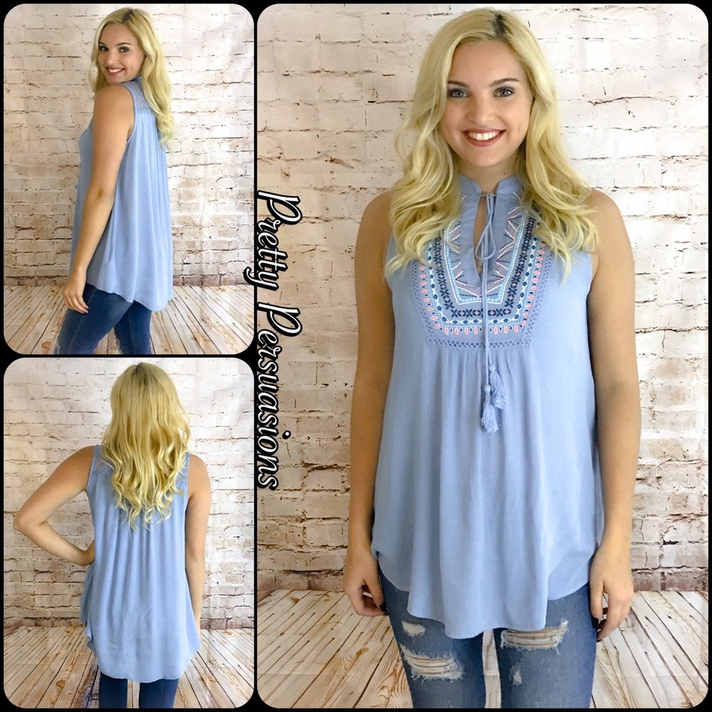 SALE‼️ Embroidered Tassel Tie & Lace Accented Top - Picture 1 of 4