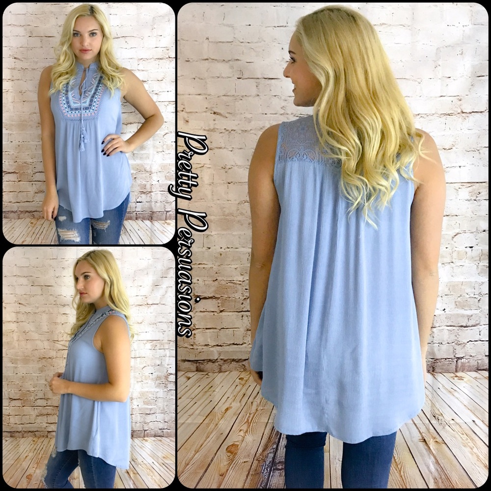 SALE‼️ Embroidered Tassel Tie & Lace Accented Top - Picture 3 of 4