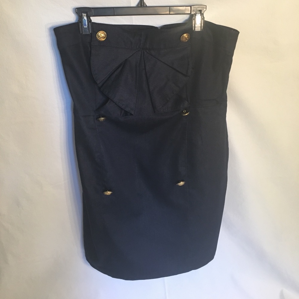 Strapless dark denim gold nautical button dress