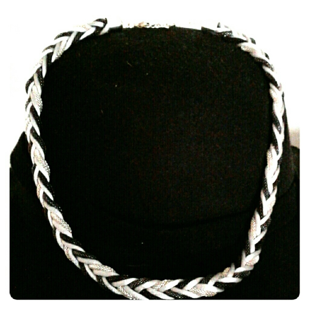 Braided mesh metallic silver necklace