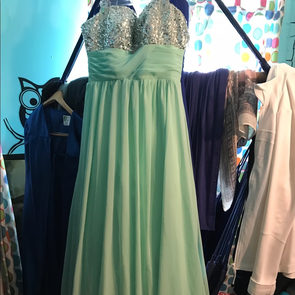 Strapless turquoise beaded prom dress