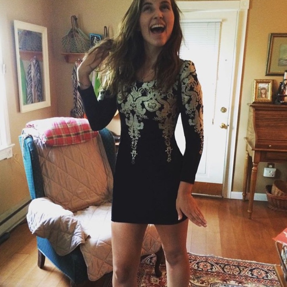 Black homecoming dress with gold embroidery detail