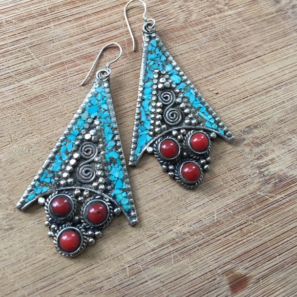 Turquoise Tibetan sterling silver earrings - Picture 2 of 3