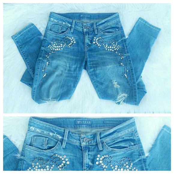 Guess studded rhinestone distressed jeans - Picture 2 of 5