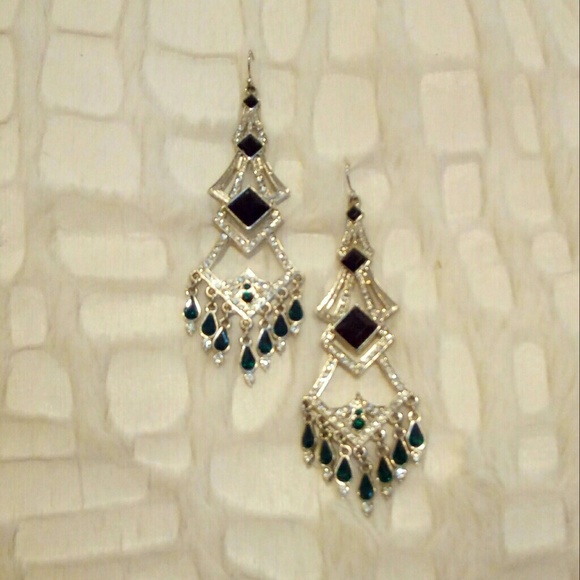 Jewelry - Art Deco Silver, Black, Green Statement Earrings