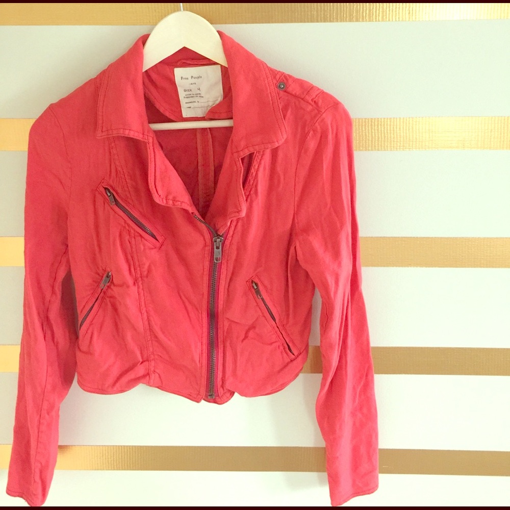Free People Linen Moto Jacket in Cherry