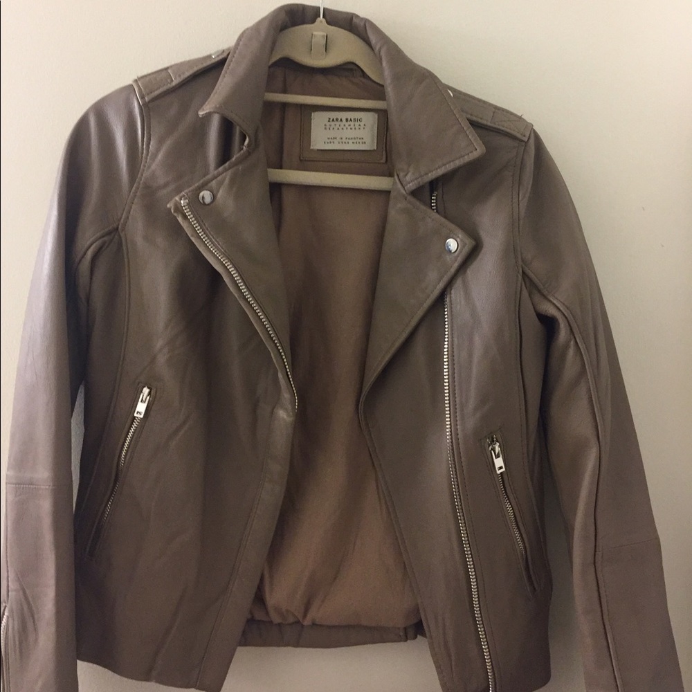 Zara taupe authentic moto leather jacket small