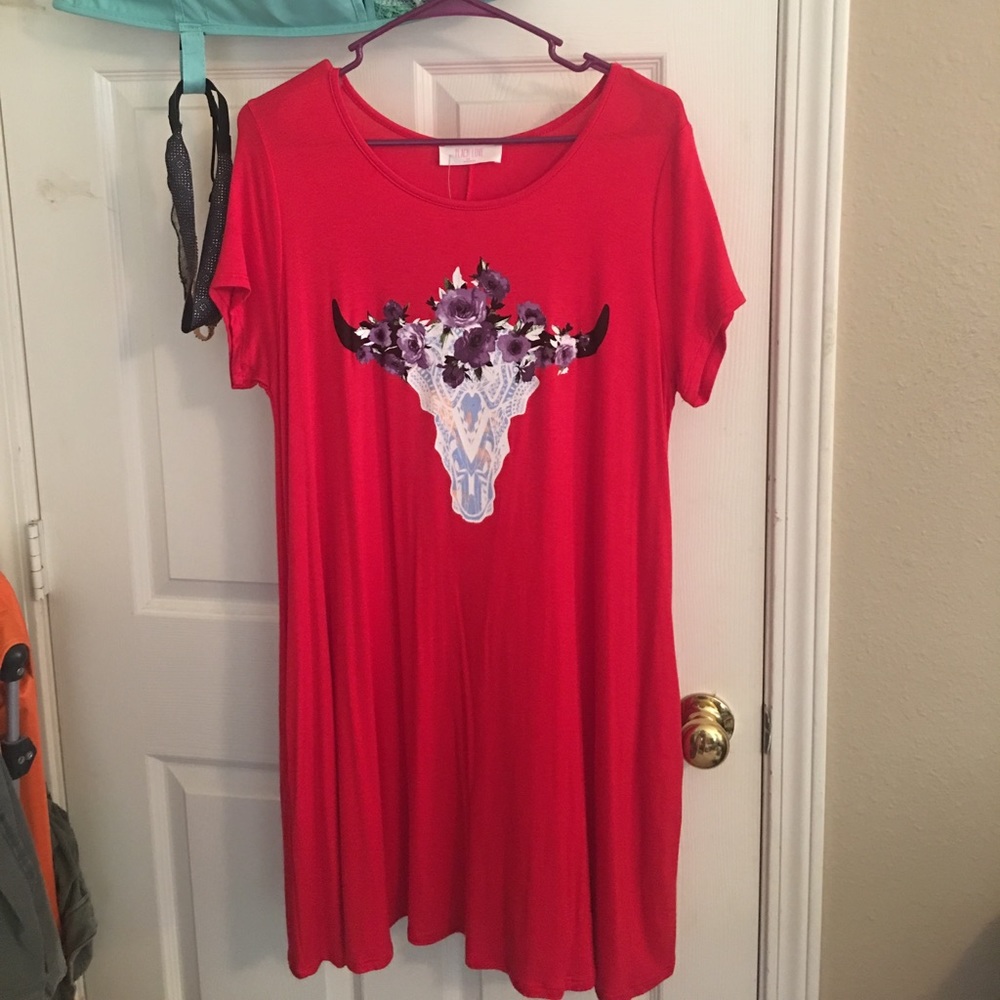 Red shirt dress with cow skull and flowers