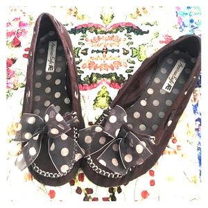 Brown faux suede loafers with polka dot ribbons