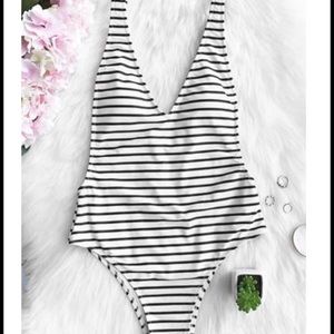 Striped low back  and V neck one piece