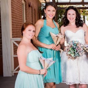 Seafoam blue bridesmaid. Knee length, neck tie.