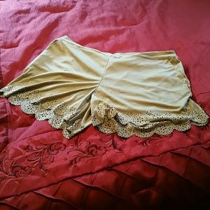 Kensie Tan suede scalloped shorts with floral lace