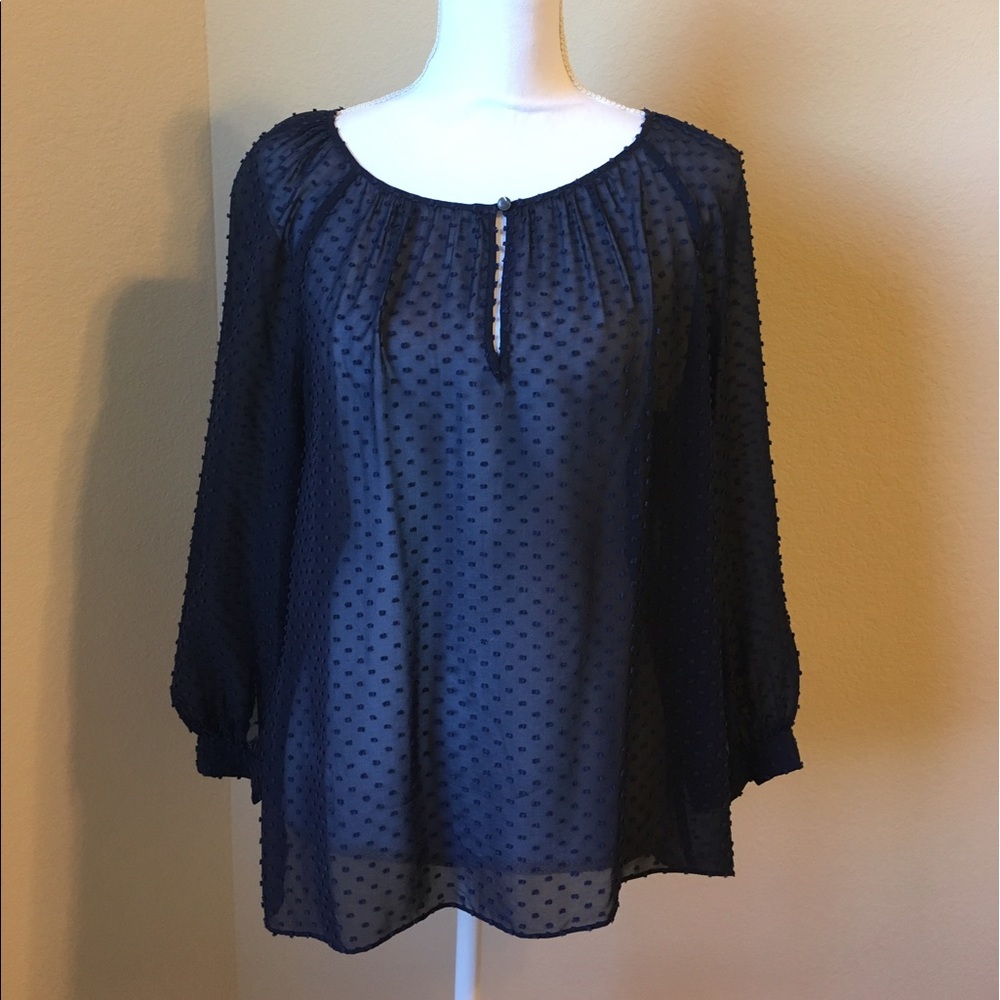 J. Crew Dash Dot Keyhole Navy Sheer Blouse