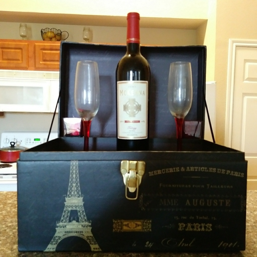 Wine, wine glasses, and vintage box.