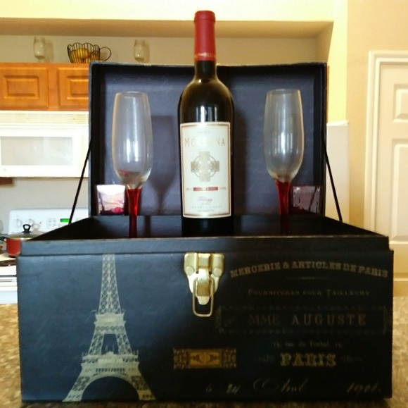Wine, wine glasses, and vintage box. - Picture 3 of 3