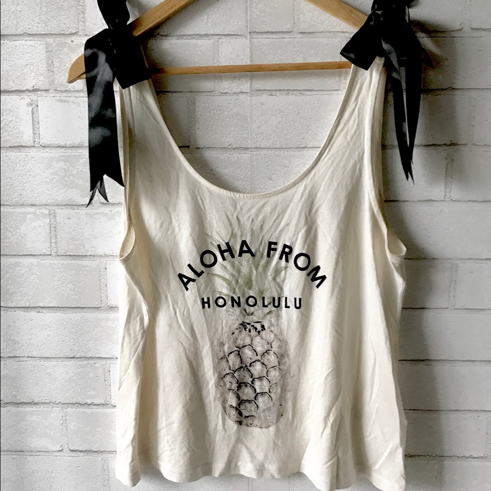 H&M Pineapple Ivory Bow Tank Top M