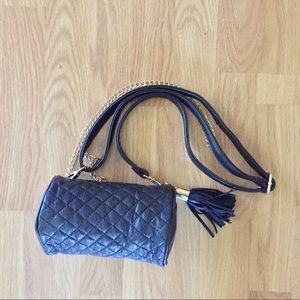 Small Black Quilted Cylinder Clutch with Tassel