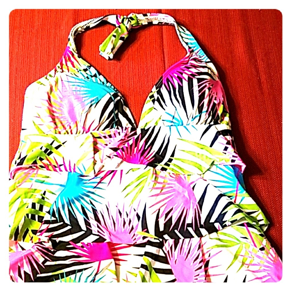 Ruffled tankini top with tie at neck