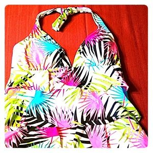 Ruffled tankini top with tie at neck