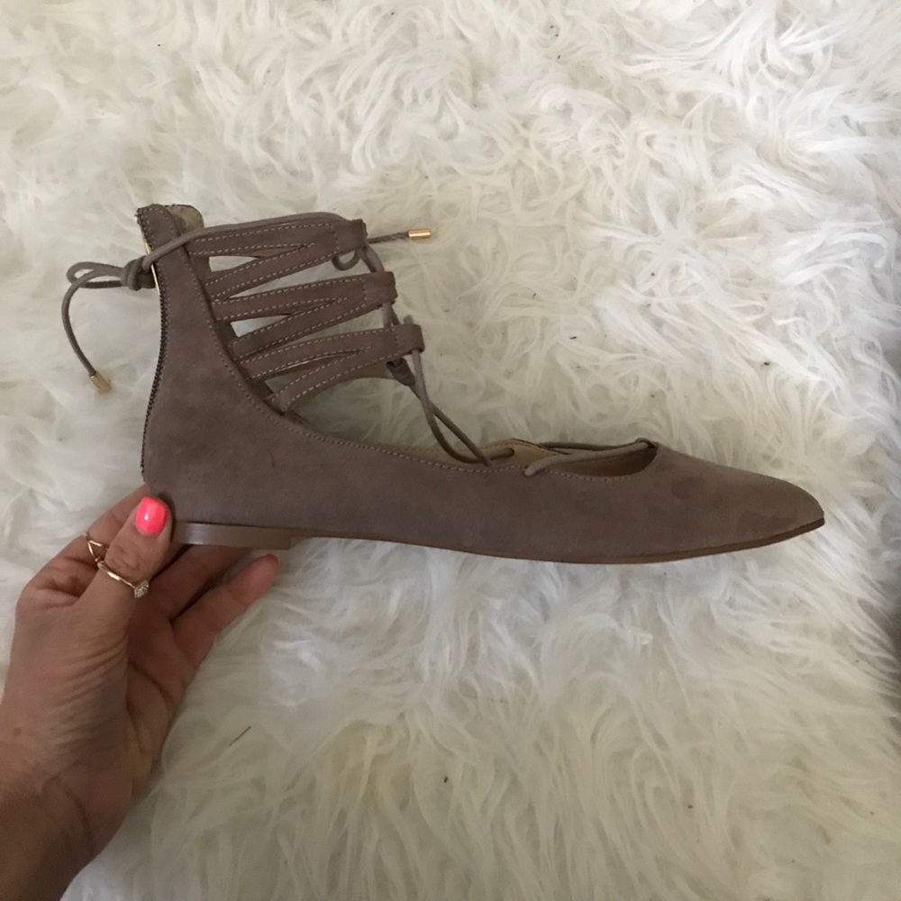 Pointed Lace Up Flats Tan