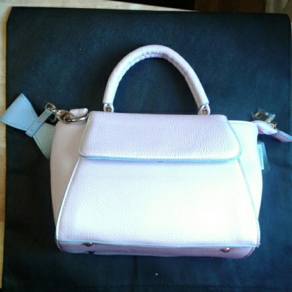Light pink handbag with light blue accents