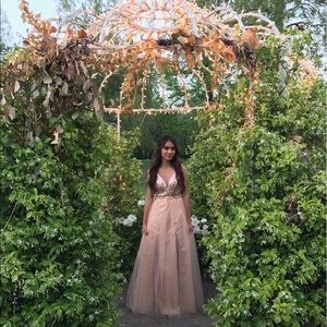 Pink tulle prom dress with a sparkly rose gold top