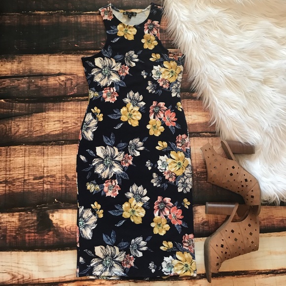 Sale << Navy Floral Longer Length Bodycon Dress >> - Picture 2 of 4